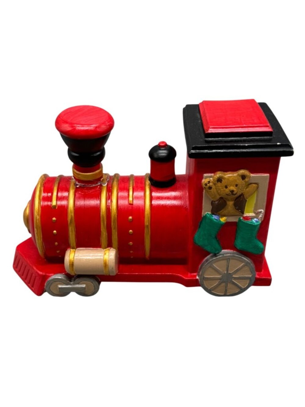 Hand-Painted Christmas decor figurine Train ceramic bear stocking red gold READ